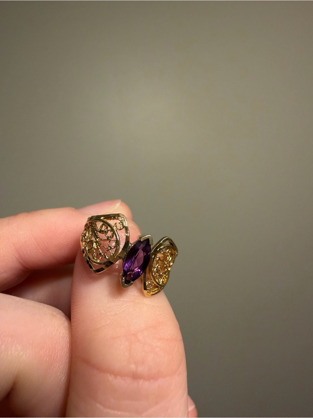 Vintage 10K Gold Amethyst Marquise Filigree Statement Ring